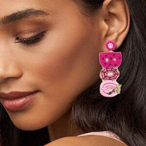 Pink BOO Halloween Theme Seed Beaded Statement Earrings